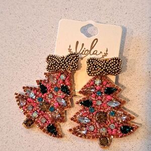 Viola Earrings NWT Pierced Christmas Tree Stud Seed Beaded Dangle Holiday